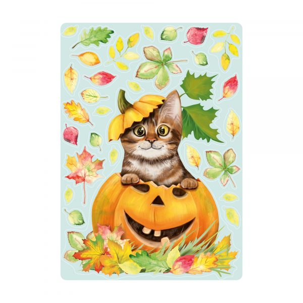 Auf dem Bild ist das Produkt: Fensterbild Herbst Herbstfrüchte Herbstblätter Kürbis mit Katze Halloween bunt wiederverwendbare Fensteraufkleber Kinderzimmer Baby Kind zum Preis von €14.9 abgebildet.