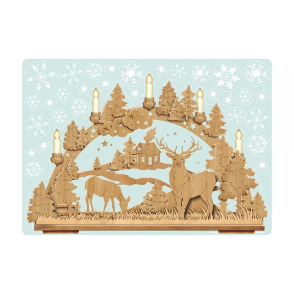 Auf dem Bild ist das Produkt: Fensterbild Weihnachten Motiv Schwibbogen in Holzoptik mit Rentieren Hirschen Winterhäuschen Fensteraufkleber wiederverwendbar zum Preis von €13.90 abgebildet.