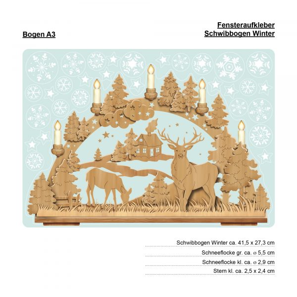 Auf dem Bild ist das Produkt: Fensterbild Weihnachten Motiv Schwibbogen in Holzoptik mit Rentieren Hirschen Winterhäuschen Fensteraufkleber wiederverwendbar zum Preis von €13.90 abgebildet.