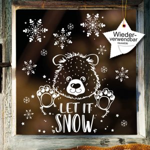 Auf dem Bild ist das Produkt: Fensterbild Weihnachten Weihnachtsbär Fensteraufkleber Schneeflocken WIEDERVERWENDBAR, Winterdekoration zum Preis von €17.90 abgebildet.