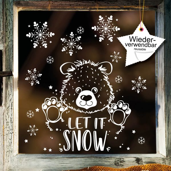 Auf dem Bild ist das Produkt: Fensterbild Weihnachten Weihnachtsbär Fensteraufkleber Schneeflocken WIEDERVERWENDBAR, Winterdekoration zum Preis von €17.90 abgebildet.