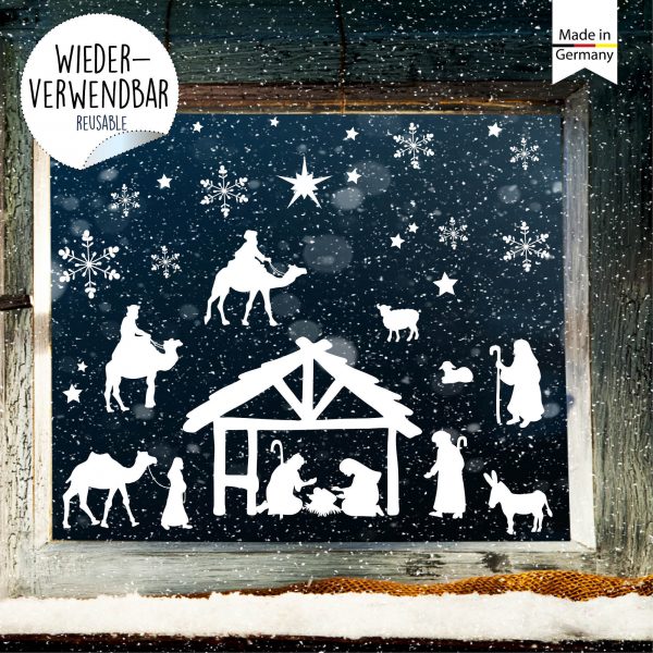 Auf dem Bild ist das Produkt: Fensterbild Weihnachten weiß Krippe Weihnachtskrippe wiederverwendbar Fensteraufkleber Schneeflocken Sterne zum Preis von €13.90 abgebildet.
