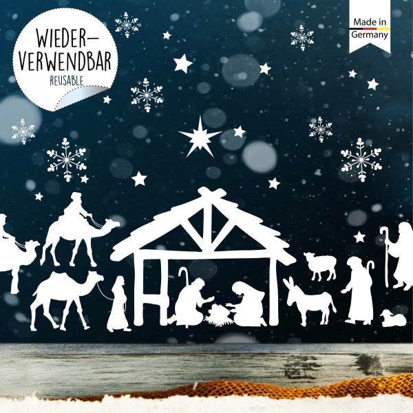 Auf dem Bild ist das Produkt: Fensterbild Weihnachten weiß Krippe Weihnachtskrippe wiederverwendbar Fensteraufkleber Schneeflocken Sterne zum Preis von €13.90 abgebildet.