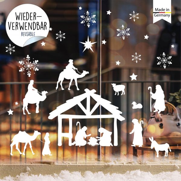 Auf dem Bild ist das Produkt: Fensterbild Weihnachten weiß Krippe Weihnachtskrippe wiederverwendbar Fensteraufkleber Schneeflocken Sterne zum Preis von €13.90 abgebildet.