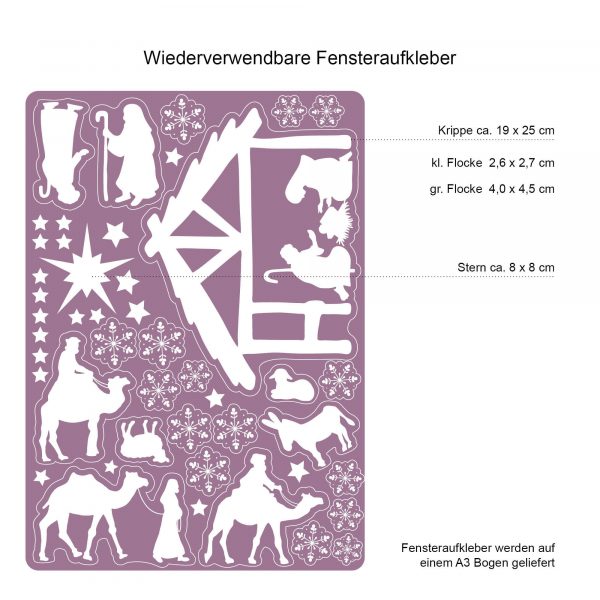 Auf dem Bild ist das Produkt: Fensterbild Weihnachten weiß Krippe Weihnachtskrippe wiederverwendbar Fensteraufkleber Schneeflocken Sterne zum Preis von €13.90 abgebildet.