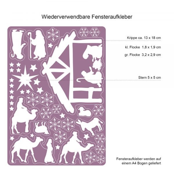 Auf dem Bild ist das Produkt: Fensterbild Weihnachten weiß Krippe Weihnachtskrippe wiederverwendbar Fensteraufkleber Schneeflocken Sterne zum Preis von €13.90 abgebildet.