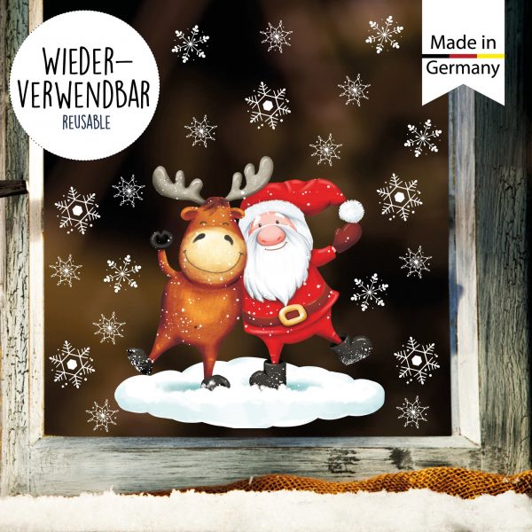 Auf dem Bild ist das Produkt: Fensterbild Weihnachten Winter Elch mit Weihnachtsmann und Schneeflocken Fensteraufkleber zum Preis von €14.9 abgebildet.