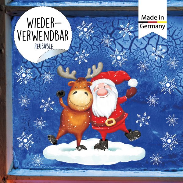 Auf dem Bild ist das Produkt: Fensterbild Weihnachten Winter Elch mit Weihnachtsmann und Schneeflocken Fensteraufkleber zum Preis von €14.9 abgebildet.