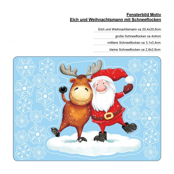 Auf dem Bild ist das Produkt: Fensterbild Weihnachten Winter Elch mit Weihnachtsmann und Schneeflocken Fensteraufkleber zum Preis von €14.9 abgebildet.