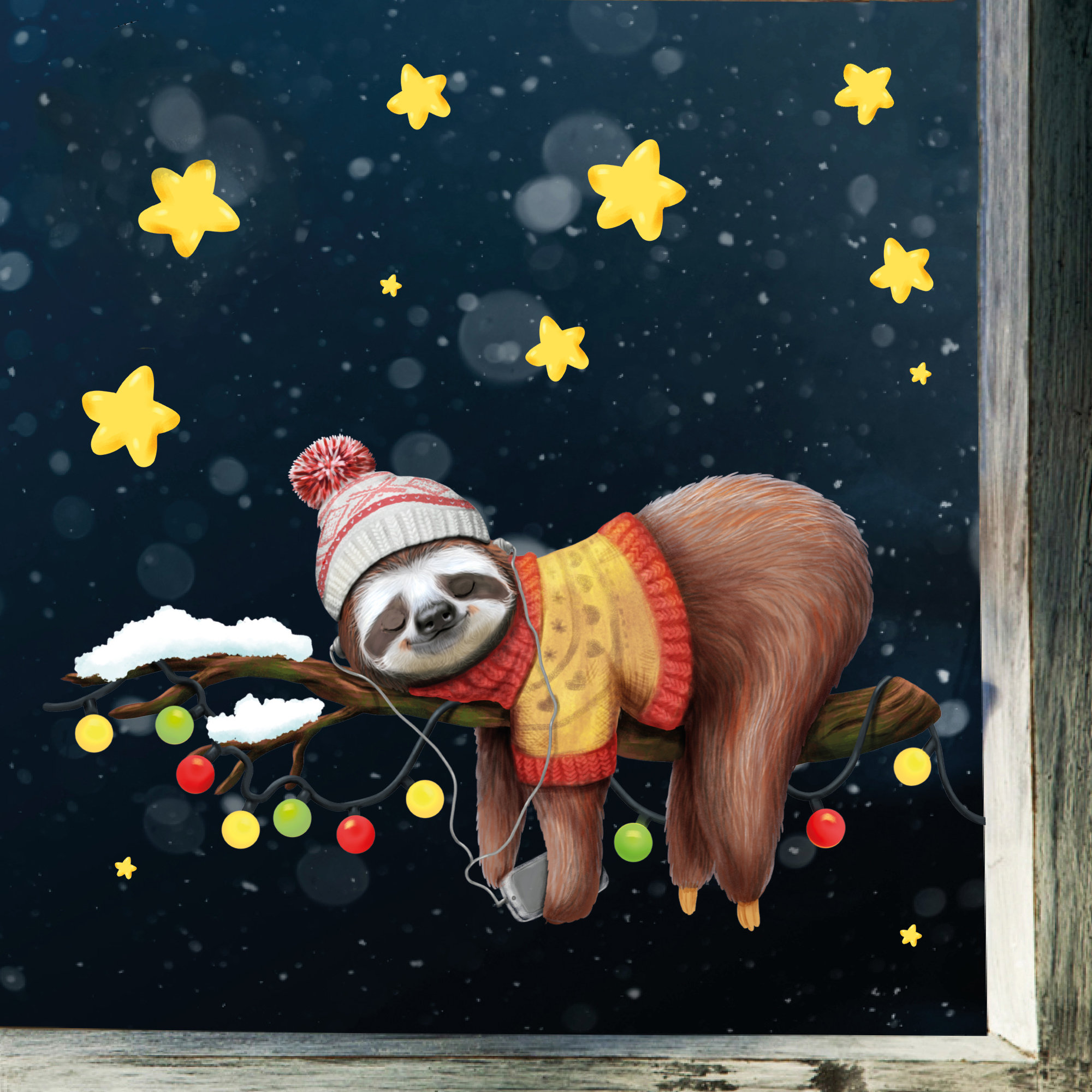 Fensterbild Weihnachten Winter Faultier auf Ast Mütze rosa mit Sternen winterlicher Fensteraufkleber Fensterdeko