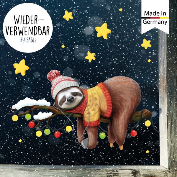 Auf dem Bild ist das Produkt: Fensterbild Weihnachten Winter Faultier auf Ast Mütze rosa mit Sternen winterlicher Fensteraufkleber Fensterdeko zum Preis von €13.90 abgebildet.