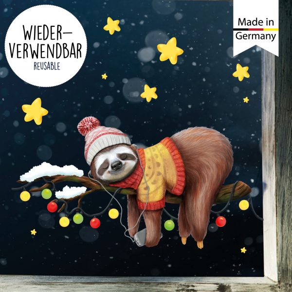 Auf dem Bild ist das Produkt: Fensterbild Weihnachten Winter Faultier auf Ast Mütze rosa mit Sternen winterlicher Fensteraufkleber Fensterdeko zum Preis von €13.90 abgebildet.