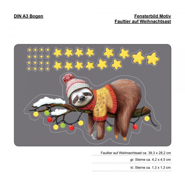 Auf dem Bild ist das Produkt: Fensterbild Weihnachten Winter Faultier auf Ast Mütze rosa mit Sternen winterlicher Fensteraufkleber Fensterdeko zum Preis von €13.90 abgebildet.