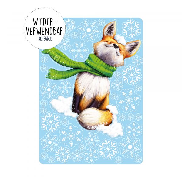 Auf dem Bild ist das Produkt: Fensterbild Weihnachten Winter Fuchs mit Schal und Schneeflocken Fensteraufkleber wiederverwendbar zum Preis von €13.90 abgebildet.