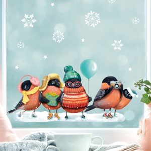 Fensterbild Weihnachten Winter Gimpel mit Schneeflocken Pudelmütze und Schal, Adventsdeko Auf dem Bild ist das Produkt: Fensterbild Weihnachten Winter Gimpel mit Schneeflocken Pudelmütze und Schal, Adventsdeko zum Preis von €13.90 abgebildet.