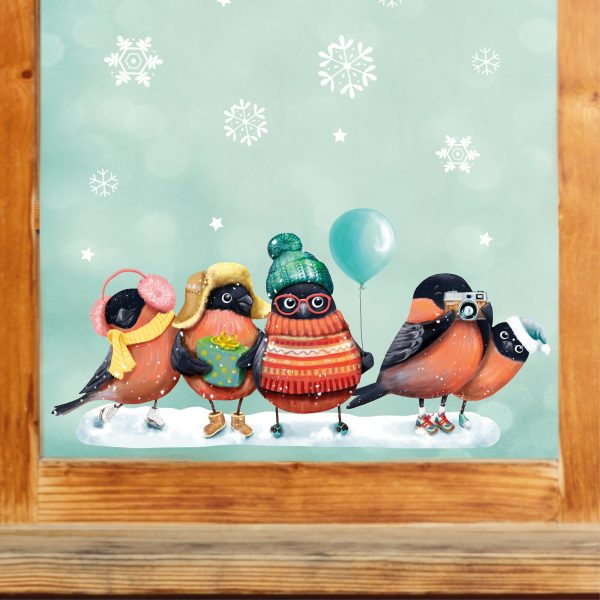 Auf dem Bild ist das Produkt: Fensterbild Weihnachten Winter Gimpel mit Schneeflocken Pudelmütze und Schal, Adventsdeko zum Preis von €13.90 abgebildet.