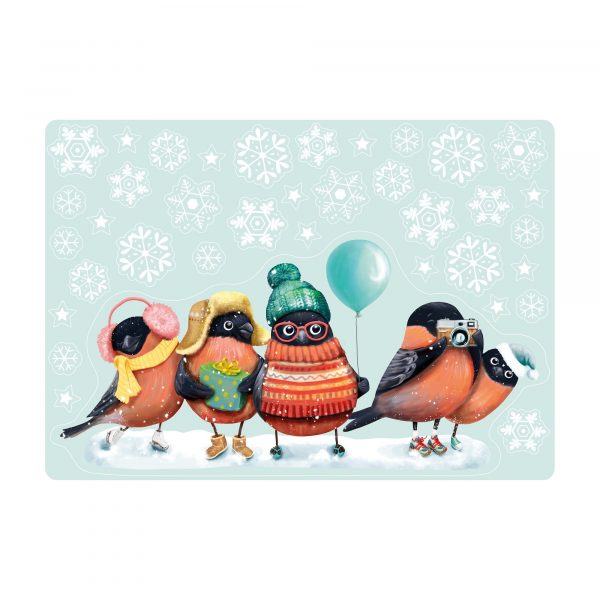 Auf dem Bild ist das Produkt: Fensterbild Weihnachten Winter Gimpel mit Schneeflocken Pudelmütze und Schal, Adventsdeko zum Preis von €13.90 abgebildet.