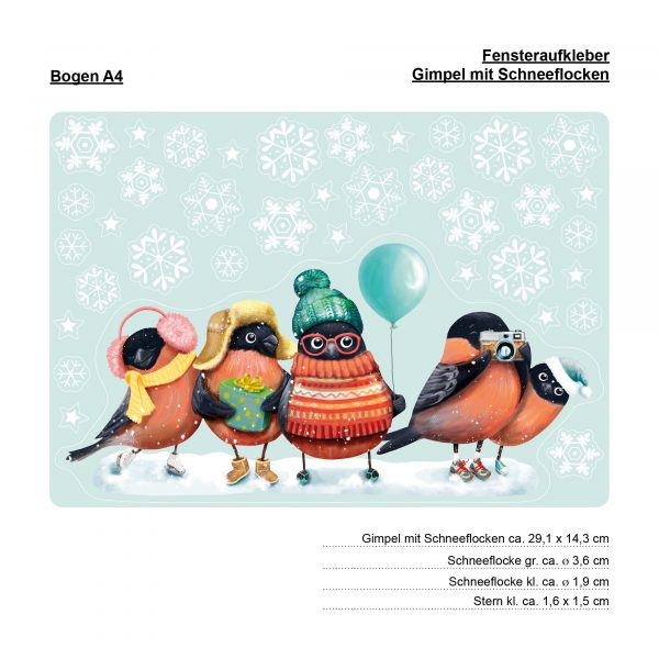 Auf dem Bild ist das Produkt: Fensterbild Weihnachten Winter Gimpel mit Schneeflocken Pudelmütze und Schal, Adventsdeko zum Preis von €13.90 abgebildet.