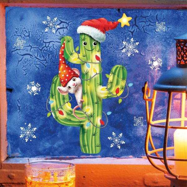 Auf dem Bild ist das Produkt: Fensterbild Weihnachten Winter Kaktus Maus Lichterkette Schneeflocken Fensteraufkleber zum Preis von €13.90 abgebildet.