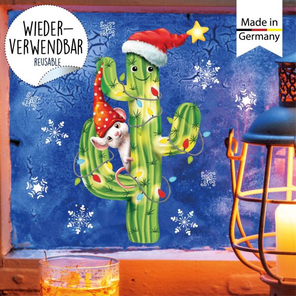 Auf dem Bild ist das Produkt: Fensterbild Weihnachten Winter Kaktus Maus Lichterkette Schneeflocken Fensteraufkleber zum Preis von €13.90 abgebildet.