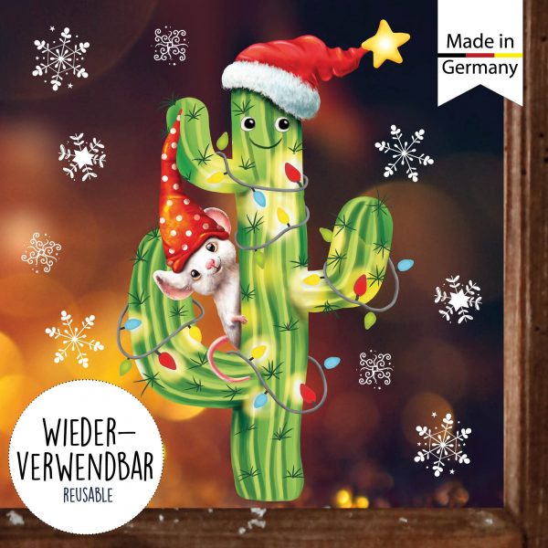 Auf dem Bild ist das Produkt: Fensterbild Weihnachten Winter Kaktus Maus Lichterkette Schneeflocken Fensteraufkleber zum Preis von €13.90 abgebildet.