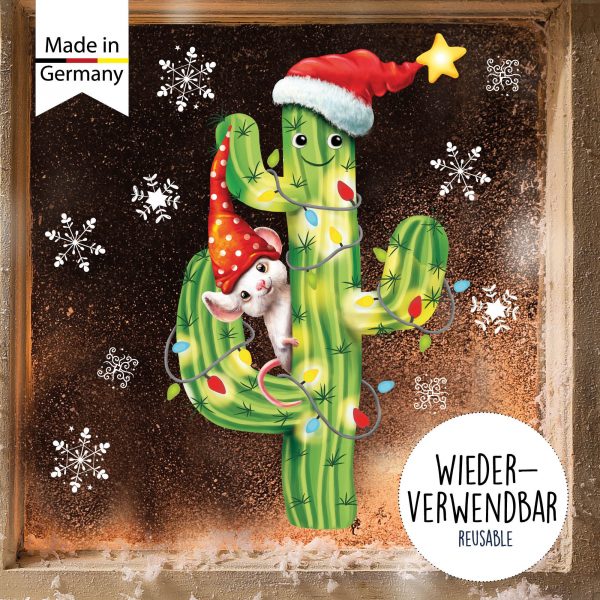 Auf dem Bild ist das Produkt: Fensterbild Weihnachten Winter Kaktus Maus Lichterkette Schneeflocken Fensteraufkleber zum Preis von €13.90 abgebildet.