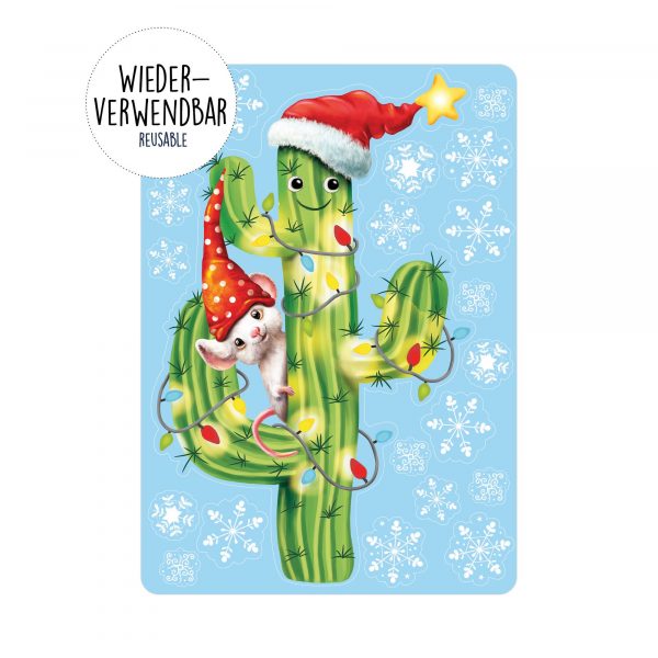 Auf dem Bild ist das Produkt: Fensterbild Weihnachten Winter Kaktus Maus Lichterkette Schneeflocken Fensteraufkleber zum Preis von €13.90 abgebildet.