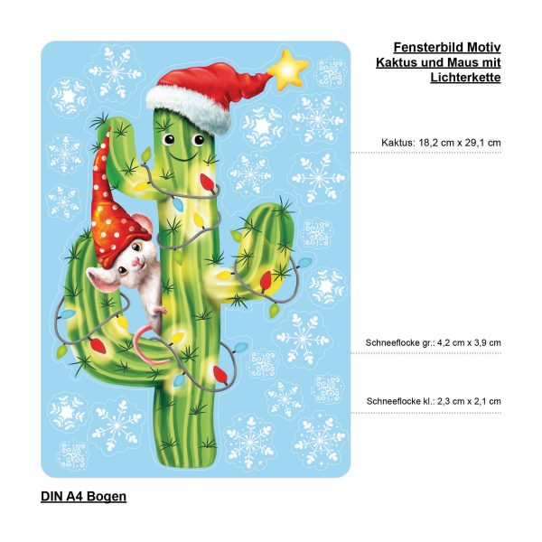 Auf dem Bild ist das Produkt: Fensterbild Weihnachten Winter Kaktus Maus Lichterkette Schneeflocken Fensteraufkleber zum Preis von €13.90 abgebildet.