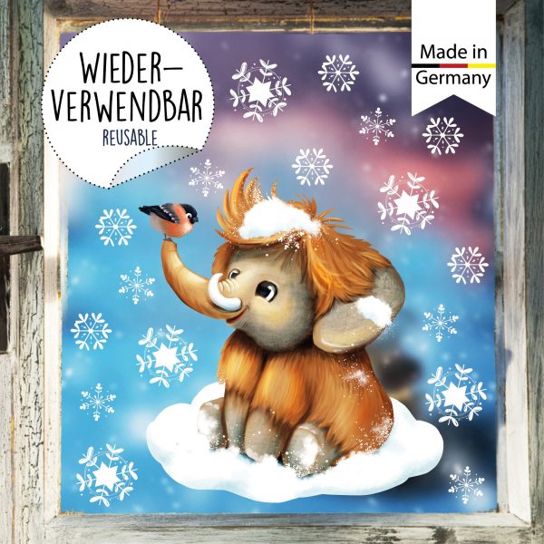 Auf dem Bild ist das Produkt: Fensterbild Weihnachten Winter Mammut mit Schneeflocken Fensterdeko winterliche Fensterdeko Schneeflocken zum Preis von €13.90 abgebildet.