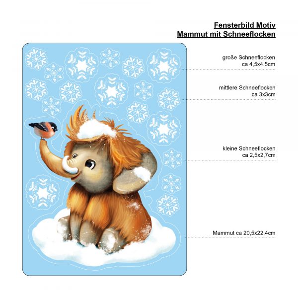 Auf dem Bild ist das Produkt: Fensterbild Weihnachten Winter Mammut mit Schneeflocken Fensterdeko winterliche Fensterdeko Schneeflocken zum Preis von €13.90 abgebildet.