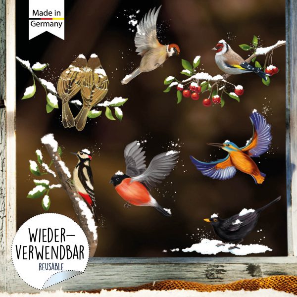 Auf dem Bild ist das Produkt: Fensterbild Weihnachten Winter Vögel Set mit Schnee, Fensterdeko winterlich, Adventsdeko zum Preis von €13.90 abgebildet.