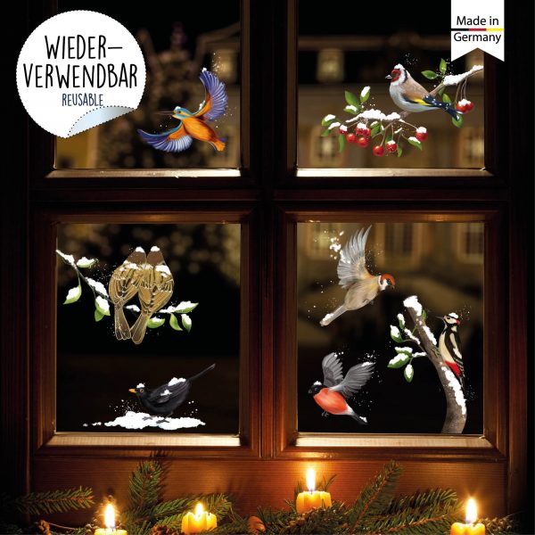Auf dem Bild ist das Produkt: Fensterbild Weihnachten Winter Vögel Set mit Schnee, Fensterdeko winterlich, Adventsdeko zum Preis von €13.90 abgebildet.