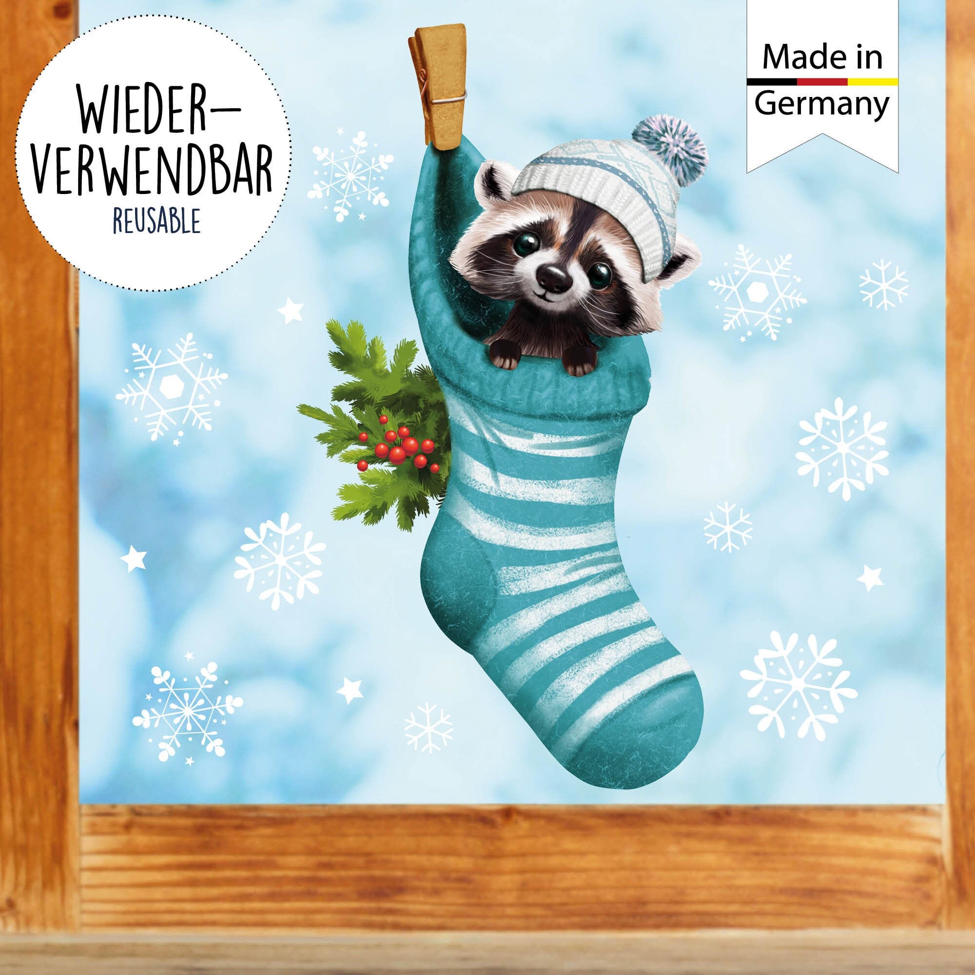 Fensterbild Weihnachten Winter Waschbär Socke Schneeflocken Kinderzimmer Fensterdeko wiederverwendbar