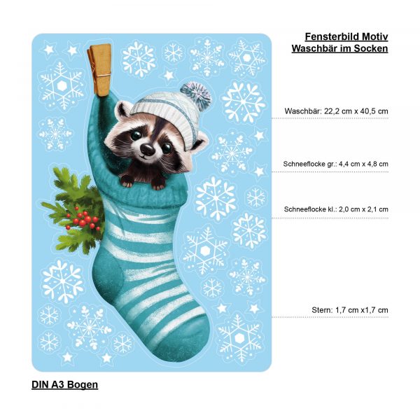 Auf dem Bild ist das Produkt: Fensterbild Weihnachten Winter Waschbär Socke Schneeflocken Kinderzimmer Fensterdeko wiederverwendbar zum Preis von €13.90 abgebildet.