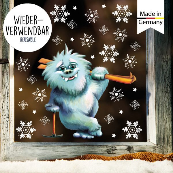 Auf dem Bild ist das Produkt: Fensterbild Weihnachten Winter Yeti Skier mit Schneeflocken Fensterdeko winterliche Fensterdeko Schneeflocken zum Preis von €12.90 abgebildet.