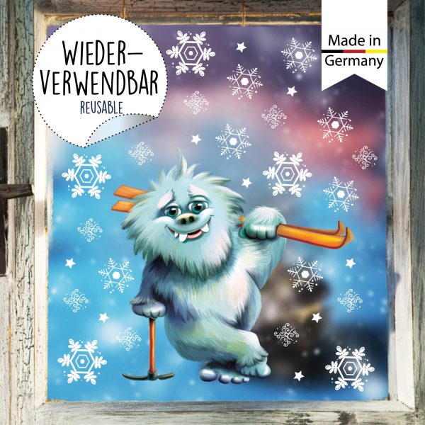 Auf dem Bild ist das Produkt: Fensterbild Weihnachten Winter Yeti Skier mit Schneeflocken Fensterdeko winterliche Fensterdeko Schneeflocken zum Preis von €12.90 abgebildet.