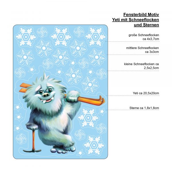 Auf dem Bild ist das Produkt: Fensterbild Weihnachten Winter Yeti Skier mit Schneeflocken Fensterdeko winterliche Fensterdeko Schneeflocken zum Preis von €12.90 abgebildet.