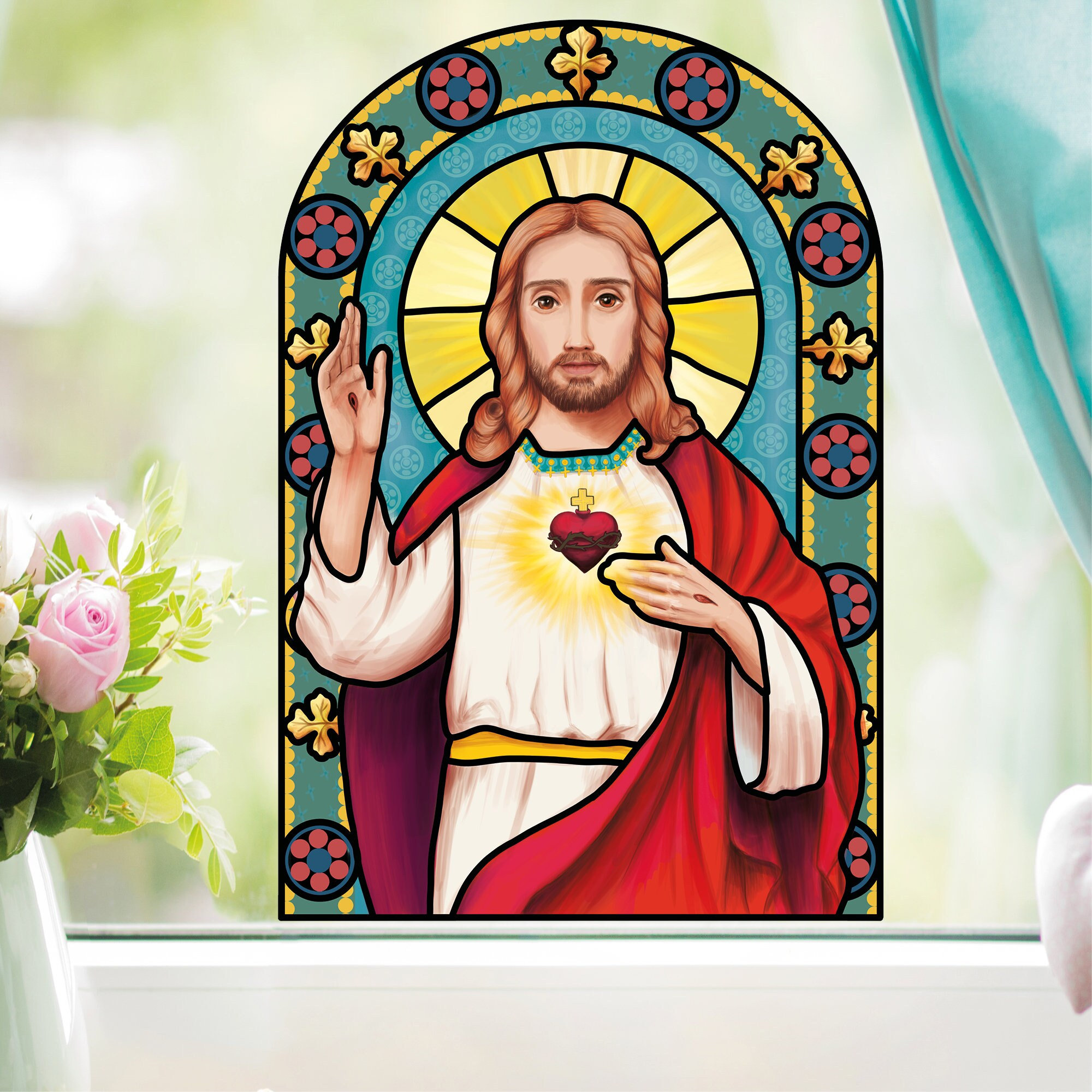 Fensterbild Winter Kirche Jesus wiederverwendbare Fensteraufkleber Mosaik Weihnachten