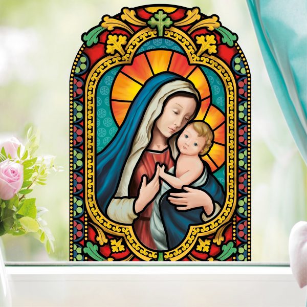 Auf dem Bild ist das Produkt: Fensterbild Winter Kirche Maria mit Kind wiederverwendbarer Fensteraufkleber Mosaik Weihnachten zum Preis von €9.90 abgebildet.
