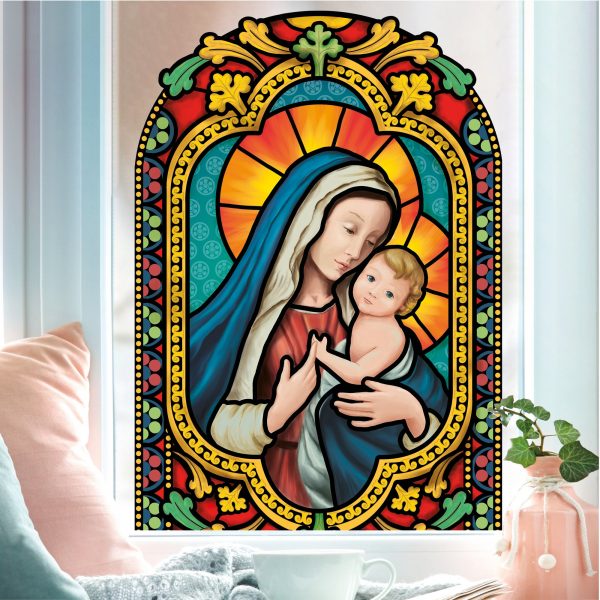 Auf dem Bild ist das Produkt: Fensterbild Winter Kirche Maria mit Kind wiederverwendbarer Fensteraufkleber Mosaik Weihnachten zum Preis von €9.90 abgebildet.