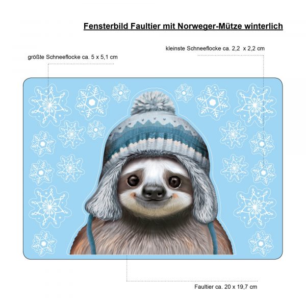 Auf dem Bild ist das Produkt: Fensterbilder Weihnachten Faultier Norweger Mütze Winter winterlicher Fensteraufkleber Fensterdeko Schneeflocken zum Preis von €13.90 abgebildet.