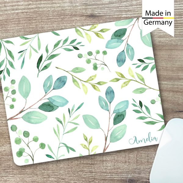 Auf dem Bild ist das Produkt: Mauspad Mousepad Grüne Blätter mit deinem Wunschnamen zum Preis von €14.90 abgebildet.