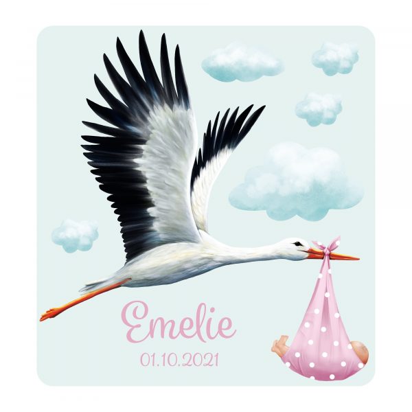 Auf dem Bild ist das Produkt: Personalisiertes Wandtattoo Kinderzimmer Mädchen Storch mit Baby mit Wunschnamen und Datum Dekoration Babyzimmer zum Preis von €29.9 abgebildet.