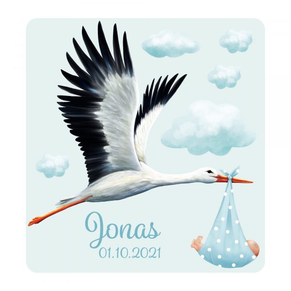 Auf dem Bild ist das Produkt: Personalisiertes Wandtattoo Kinderzimmer Storch mit Baby mit Wunschnamen und Datum Dekoration Babyzimmer zum Preis von €29.9 abgebildet.