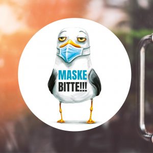 Auf dem Bild ist das Produkt: Schaufenster Eingangstür Maskenpflicht Sticker Maske bitte!!! mit Möwe, Corona Pandemie zum Preis von €9.9 abgebildet.