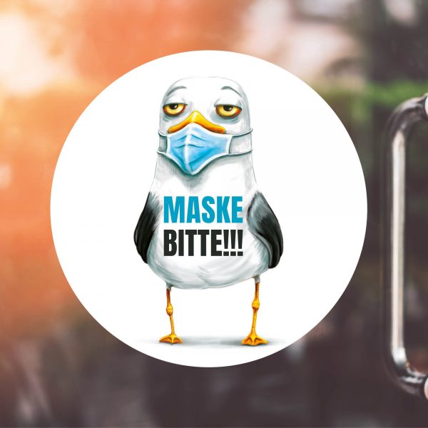 Auf dem Bild ist das Produkt: Schaufenster Eingangstür Maskenpflicht Sticker Maske bitte!!! mit Möwe, Corona Pandemie zum Preis von €9.9 abgebildet.