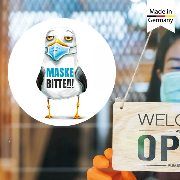 Auf dem Bild ist das Produkt: Schaufenster Eingangstür Maskenpflicht Sticker Maske bitte!!! mit Möwe, Corona Pandemie zum Preis von €9.9 abgebildet.