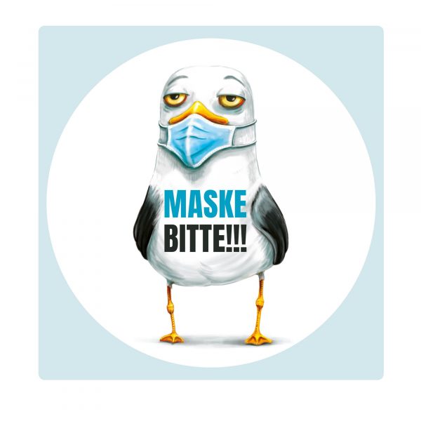 Auf dem Bild ist das Produkt: Schaufenster Eingangstür Maskenpflicht Sticker Maske bitte!!! mit Möwe, Corona Pandemie zum Preis von €9.9 abgebildet.
