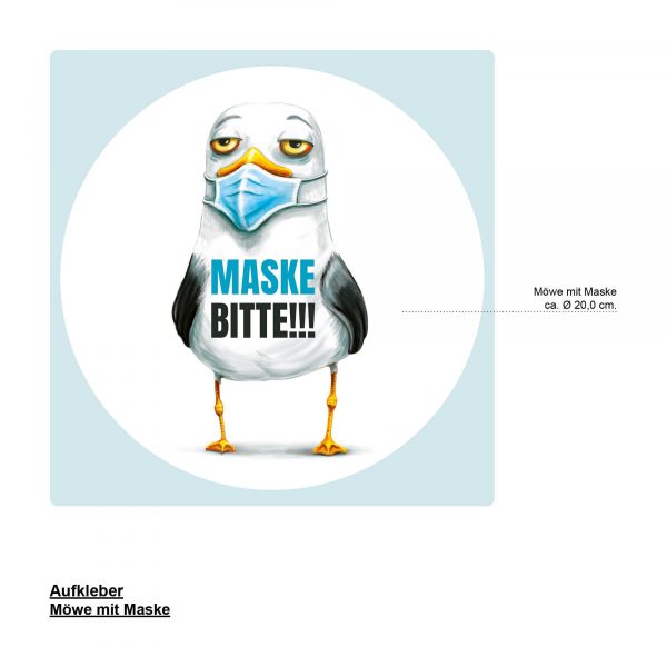 Auf dem Bild ist das Produkt: Schaufenster Eingangstür Maskenpflicht Sticker Maske bitte!!! mit Möwe, Corona Pandemie zum Preis von €9.9 abgebildet.