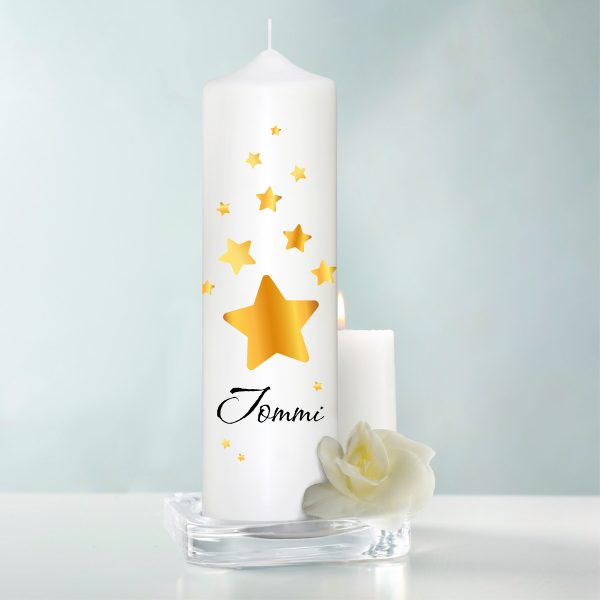 Auf dem Bild ist das Produkt: Trauerkerze goldene Sterne, personalisiert mit Namen und Trauerspruch zum Preis von €19.9 abgebildet.